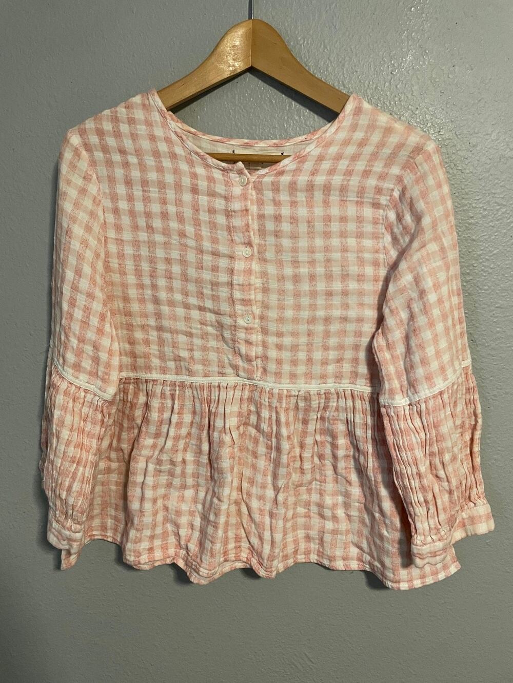 Max Studio Top Womens Large Pink Gingham Check Peplum Cotton Cottagecore Prairie